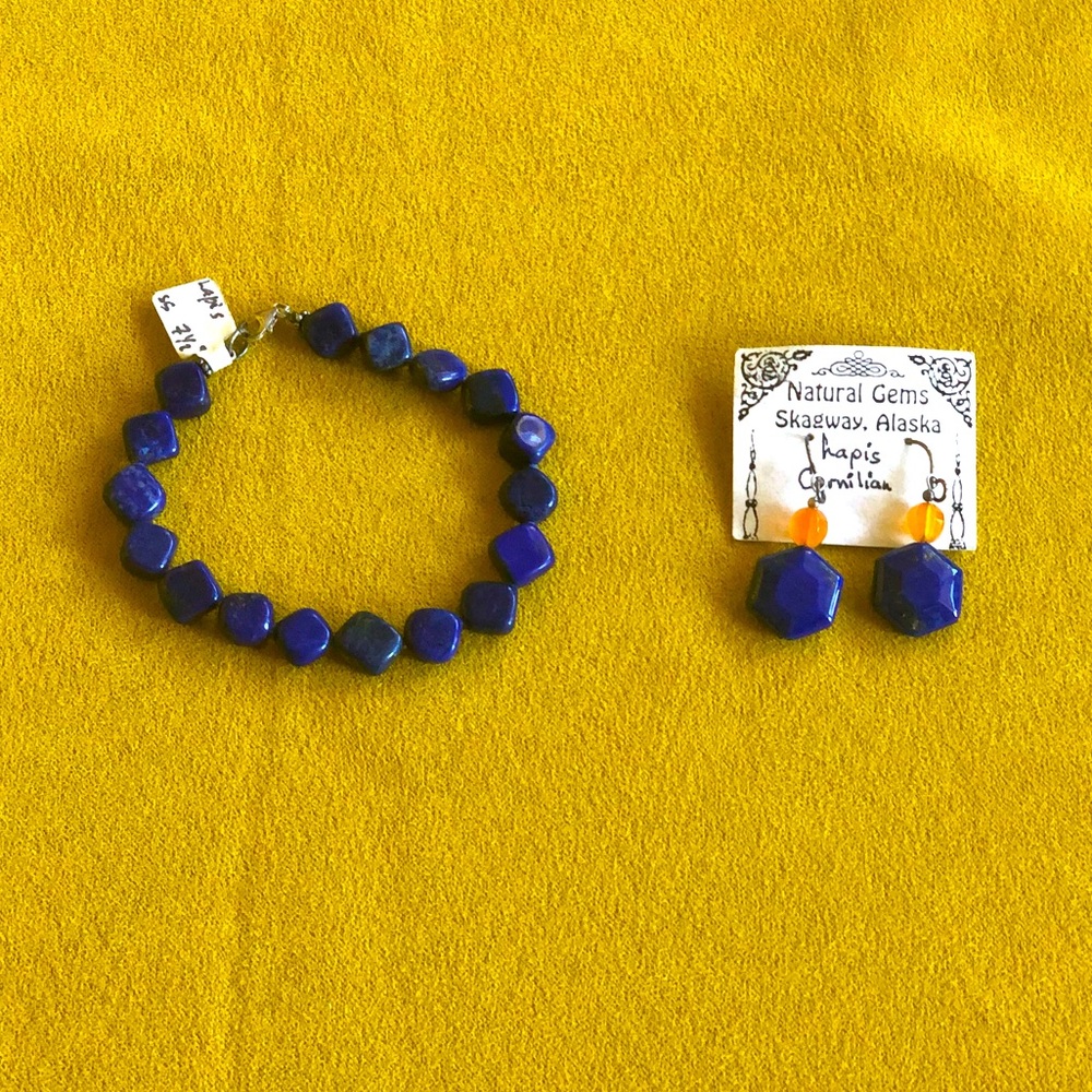 Natural Gems Lapis Camilian Bracelet and Earrings Set